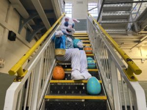 Easter Bunny sat on a wings stairs with his eggs