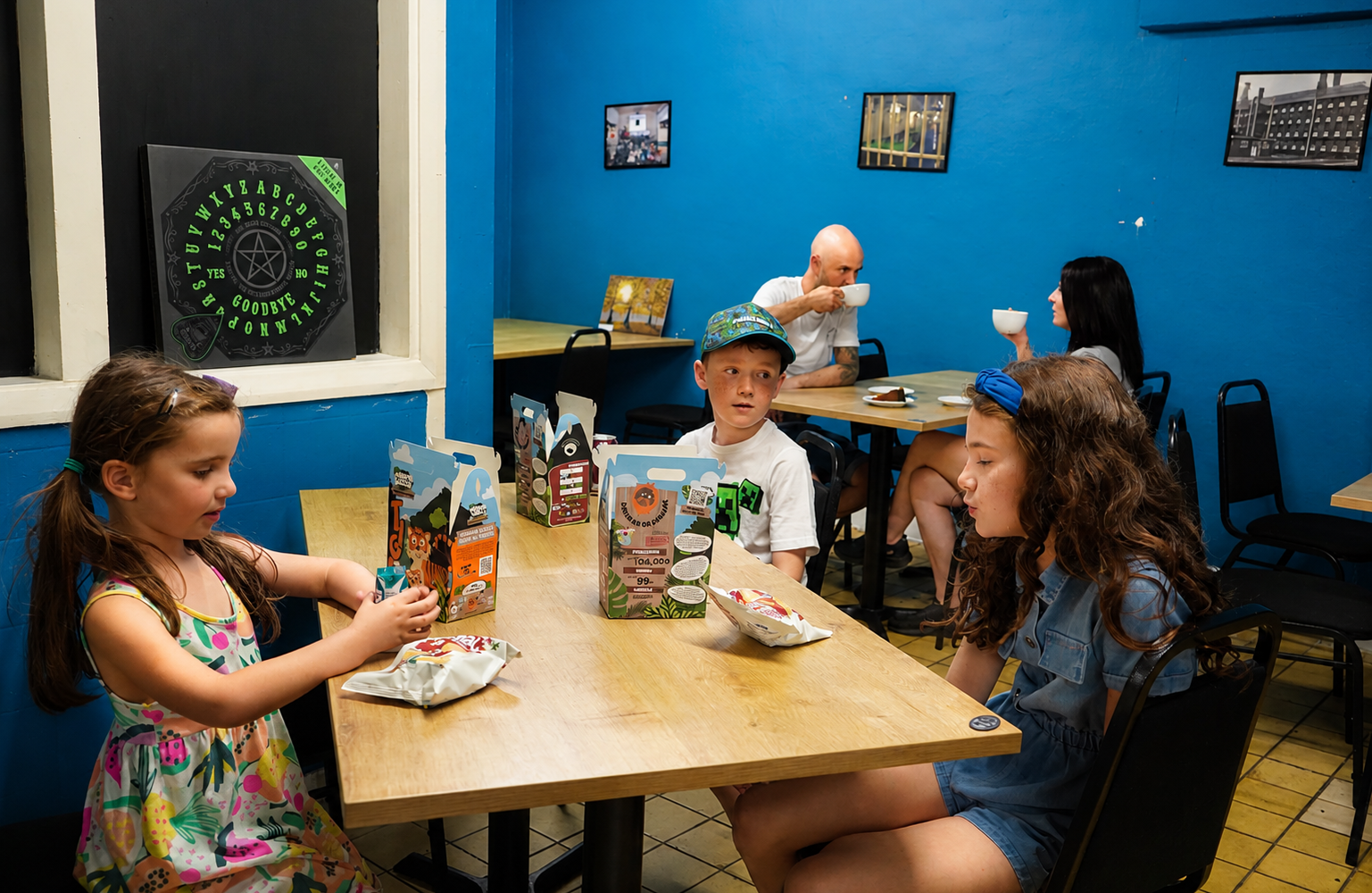 Shrewsbury Prison - Summer Family Offer 2026: Kids Go Free and Eat Free - children eating their free childrens' snack box while parents enjoy a bit of rest with coffee in the on-site cafe
